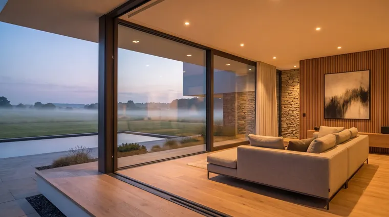 Studio-Projekt Solara Residences: Wohnraum mit raumhoher Glasfront, Blick über den Pool in die Dämmerung
