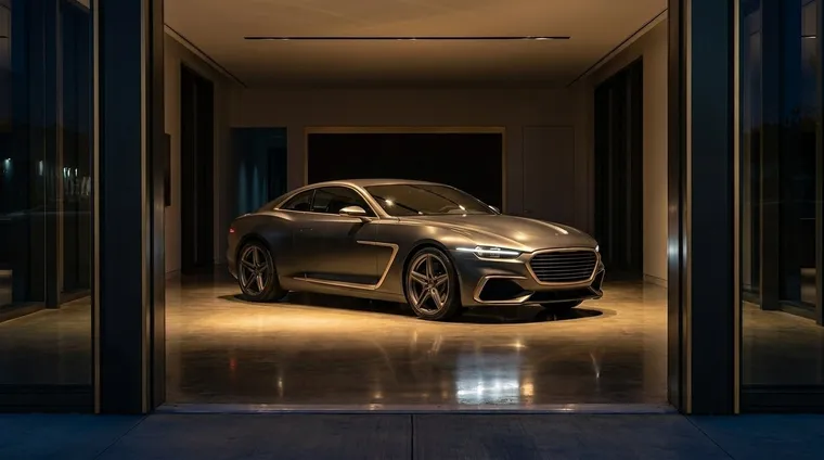 Studio-Projekt Meridian Automobile: Coupé im dunklen Showroom, von Spotlights ausgeleuchtet
