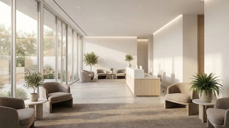 Studio-Projekt LUMÉA Ästhetik: helle Klinik-Lounge mit Sesseln, Olivenbäumen und Tageslicht